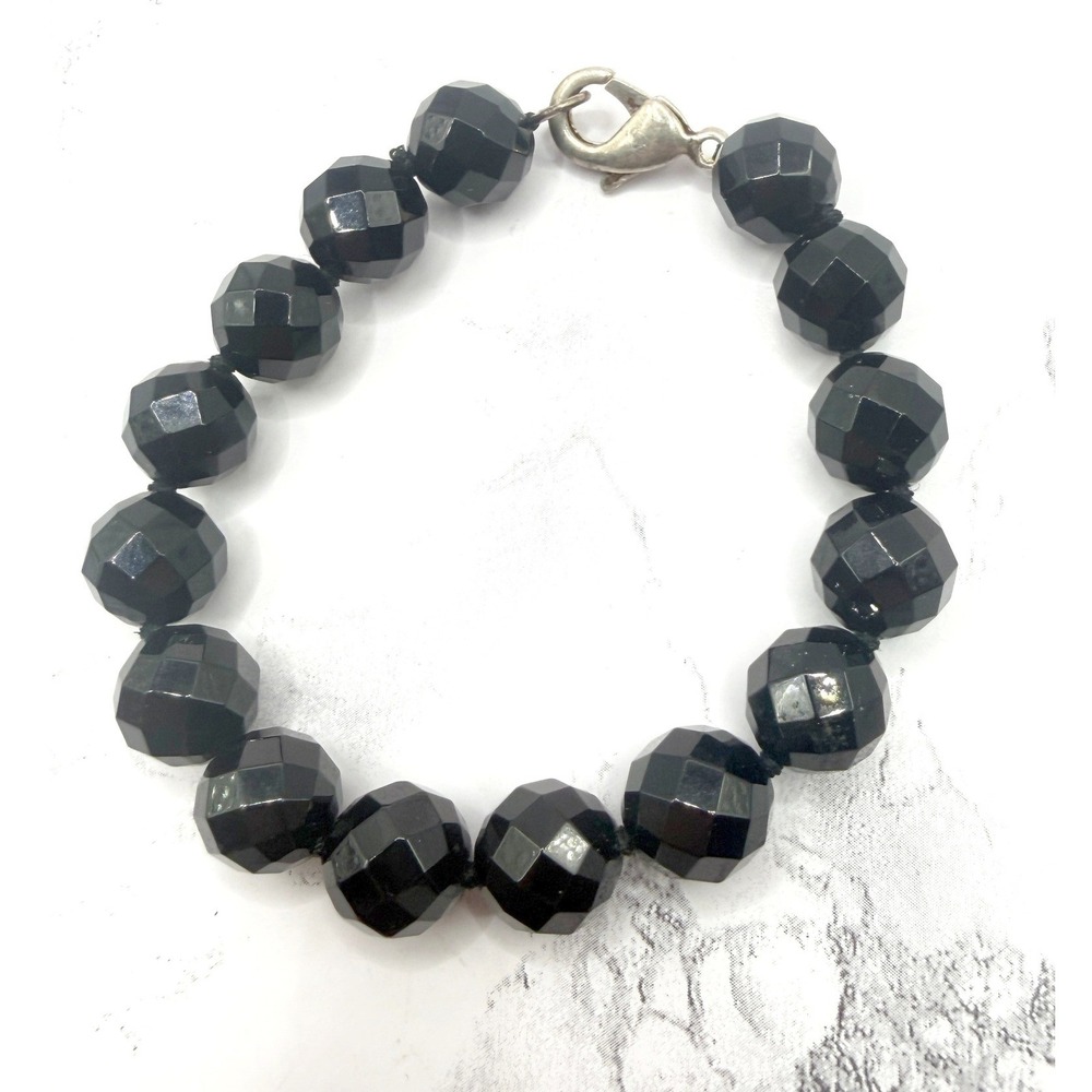 Faceted Black Glass Bead Bracelet 12mm Chunky Lobster‎ Clasp 8" Gothic